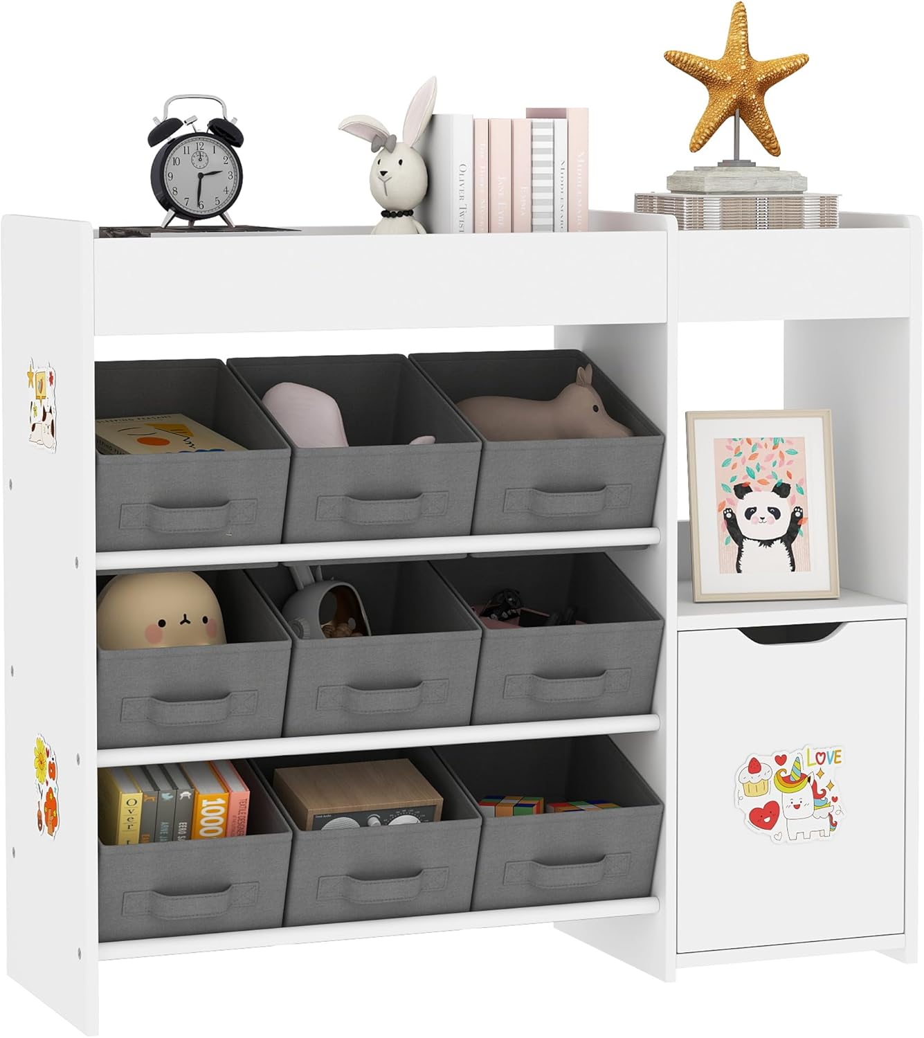 AIYAPLAY ETANTERIA PARA JUGUETES DE NIÑOS ORGANIZADOR CON 9 CESTAS EXTRAIBLES/ COMPARTIMENTOS Y LAMINAS DE PEGATINAS PARA GUARDERIA/ SALA DE JUEGOS O HABITACIÓN.  92x30x80 cm BLANCO